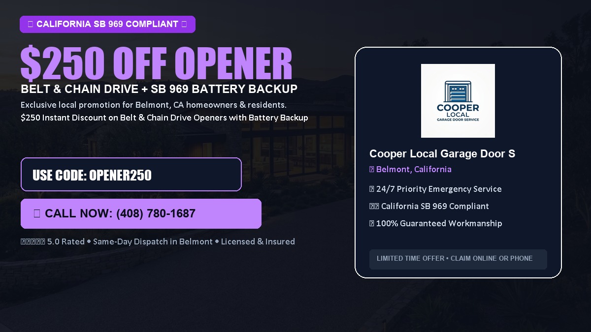 $250 OFF Smart Garage Door Opener Installation (Belt & Chain Drive with California SB 969 Battery Backup) in Belmont, CA